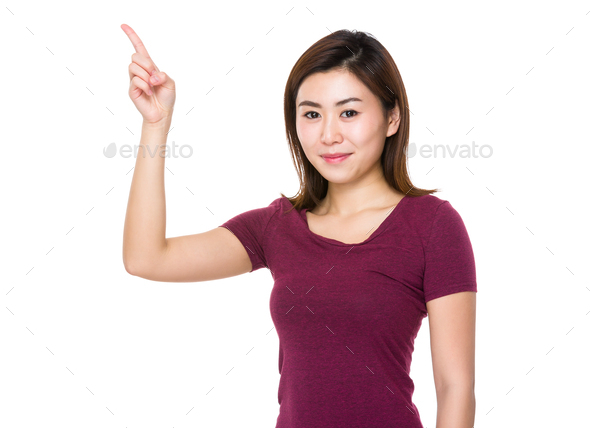 Asian woman with finger point upwards
