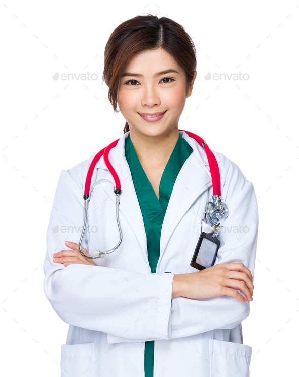 Female Asian Doctor Wearing A White Coat And Stethoscope Stock Photo By Leungchopan