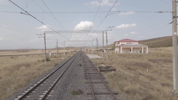 Samtskhe-Javakheti, Georgia - August 20 2021: Aerial view of Tsintskaro railway station alt