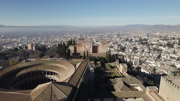 The Alhambra Granada, Flyover Carlos V Palace and Alcabaza, Towards cityscape. Andalusia