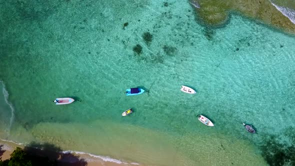 Empty texture of coast beach trip by clear lagoon with sand background in sunlight alt