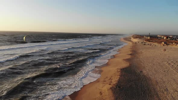 Flight on the Ocean Sandy Shore in the Early Morning Portugal Furadouro alt