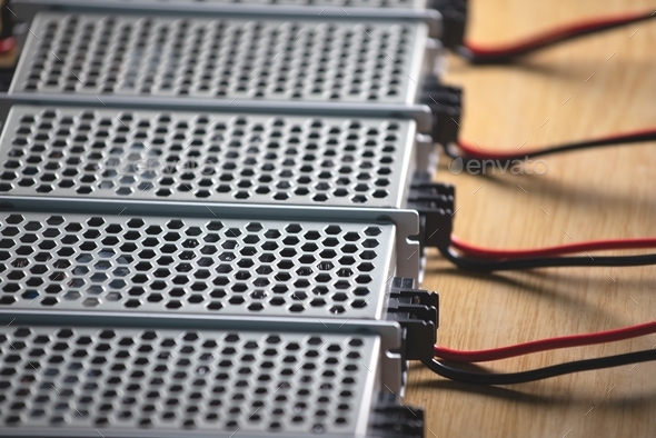 Close up of the metal mesh cases of power supply