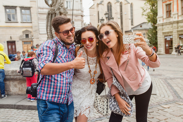 young hipster company of friends traveling - Stock Photo - Images