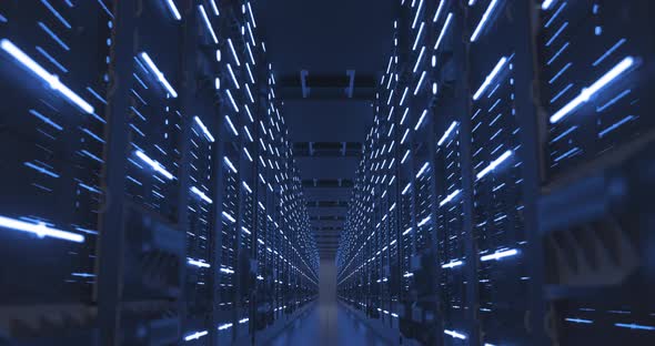 Data Center Computer Racks In Network Security Server Room or Cryptocurrency Mining Farm alt