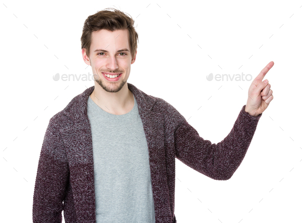 Caucasian man with finger point upwards
