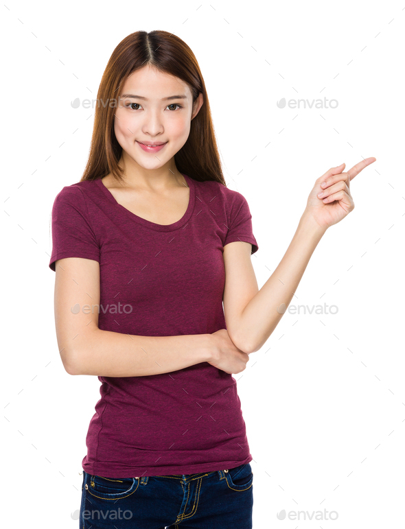 Asian woman with finger point upwards