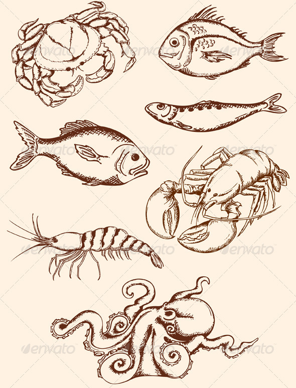 Hand Drawn Seafood Icons - Animals Characters