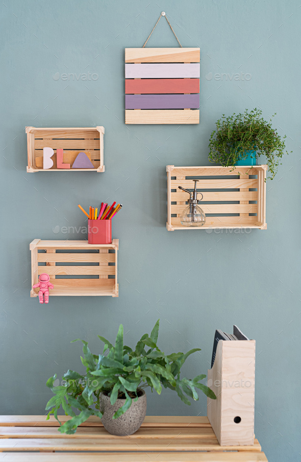 Wooden Box Shelves With Decorations On, Wooden Boxes As Shelves