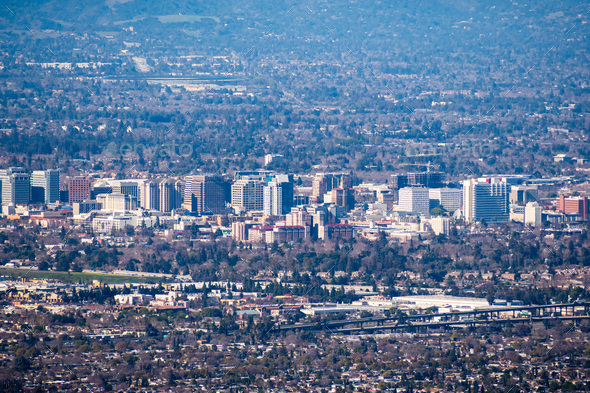 Aerial view of the buildings in downtown San Jose on a clear day; Silicon Valley, California - Stock Photo - Images