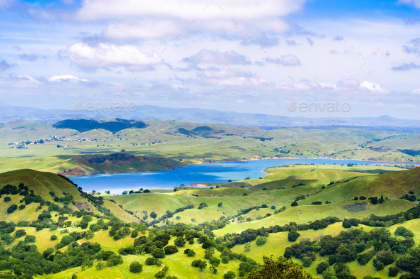 San Antonio reservoir surrounded green hills - Stock Photo - Images
