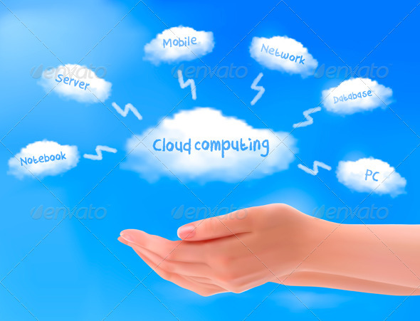 Cloud computing concept. Hands with blue sky - Computers Technology