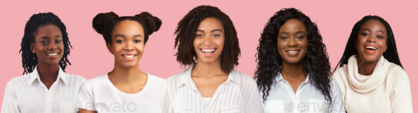 Portraits of black women in a row over pink, collage - Stock Photo - Images