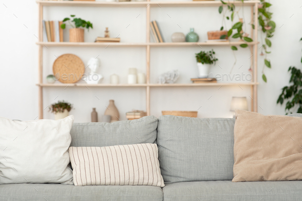 Minimalist simple modern flat design. Sofa with blue and pink pillows Stock  Photo by Prostock-studio