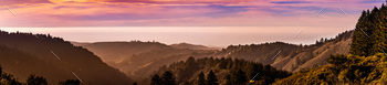 Panoramic sunset view of hills and valleys in Santa Cruz mountains