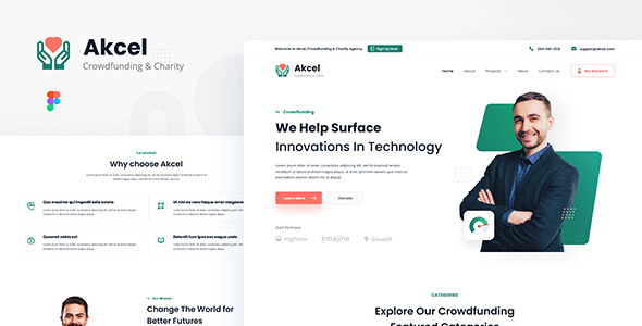 Download Akcel - Modern Crowdfunding and Charity Website Design Template Figma