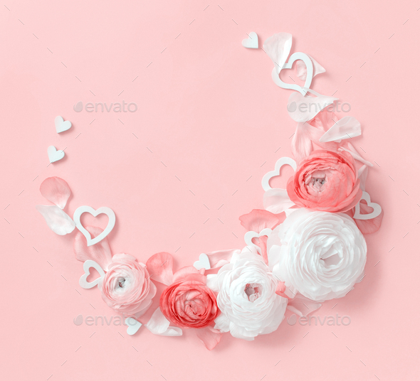 Download Circle Frame Made Of Ranunculus Flowers And Hearts On A Light Pink Background Stock Photo By Katrinshine