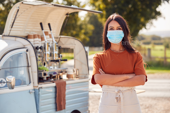 Portrait Of Woman Wearing Face Mask Running Independent Mobile Coffee Shop Standing Next To Van - Stock Photo - Images