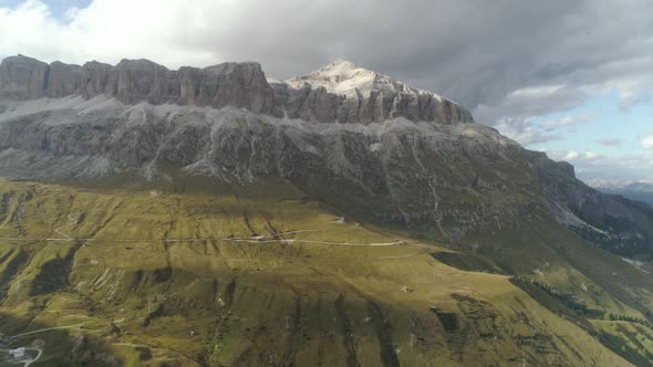 High Aerial of Rough Mountain Peaks in the Italian Dolomites with Nice Shadows alt