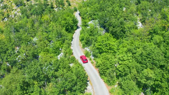 Aerial View of Drone to Road with Red Car Through Forest with Bends alt