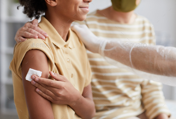 Smiling Boy Vaccinating against Covid Close Up - Stock Photo - Images