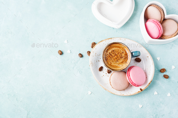 Cup of coffee with foam and macaroons. Delicious Breakfast - Stock Photo - Images
