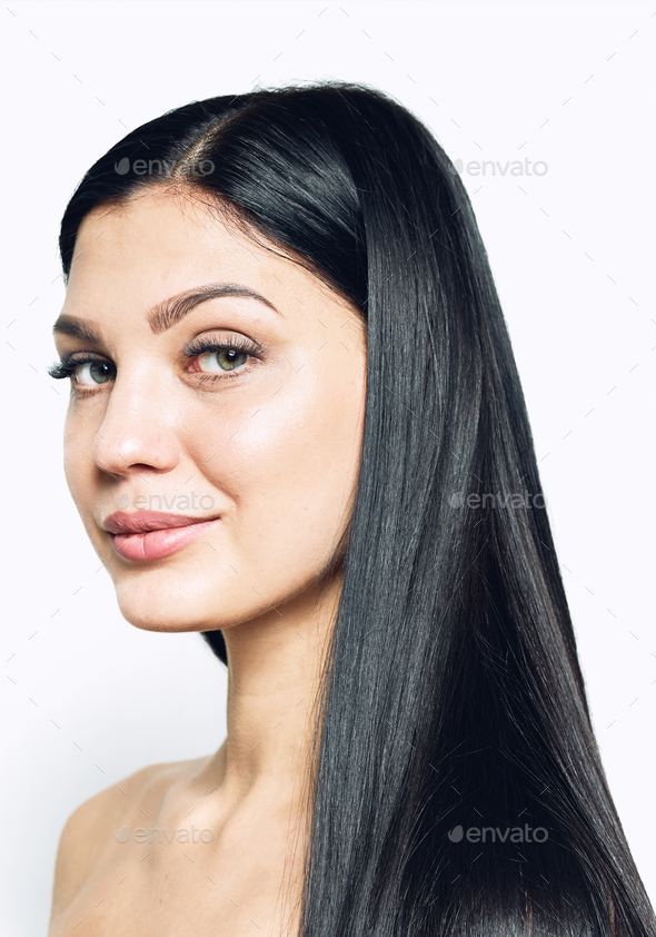 Beauty face of a Beautiful young girl with black shiny long hair and green  eyes Stock Photo by Geanna8