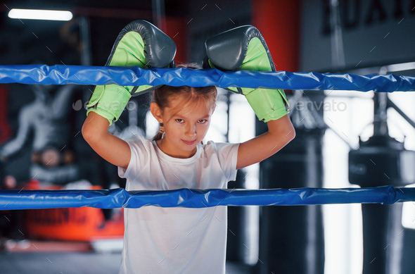 Download On The Boxing Ring Young Little Girl In Sportive Wear Is In The Gym Have Exercise Day Stock Photo By Mstandret
