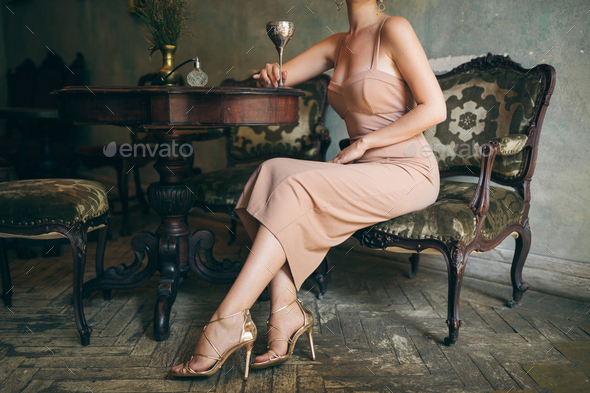 attractive seductive sensual stylish woman in boho dress sitting vintage retro cafe