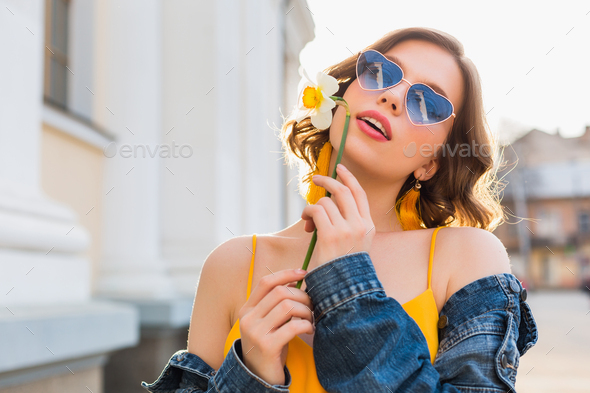 woman in yellow dress summer street style Stock Photo by marymandarinka