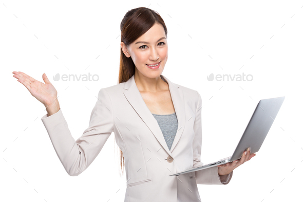 Business woman open hand palm with laptop computer
