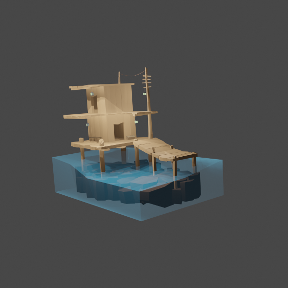 low poly floating house with wooden pier - 3Docean 30120257