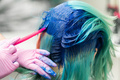 Side View Process of Dyeing Hair. Hairdresser Using Brush While Applying Blue Paint to Emerald Hair - PhotoDune Item for Sale