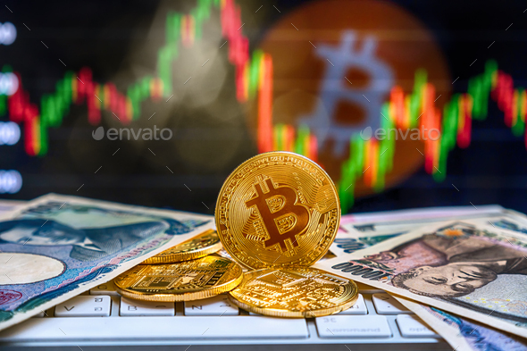 Download Closeup Bitcoins Mockup On The Keyboard With Money Paper Bank Over The Cryptocurrency Stock Photo By Thananit S