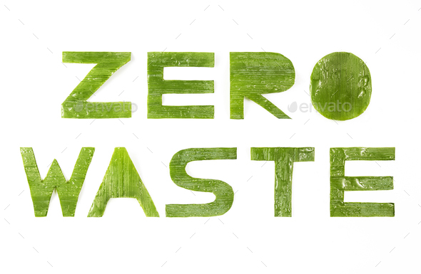 Zero waste label on an isolated background. Letters made of green leaves.