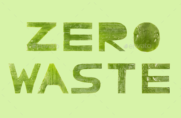 Zero waste label on an isolated background. Letters made of green leaves.