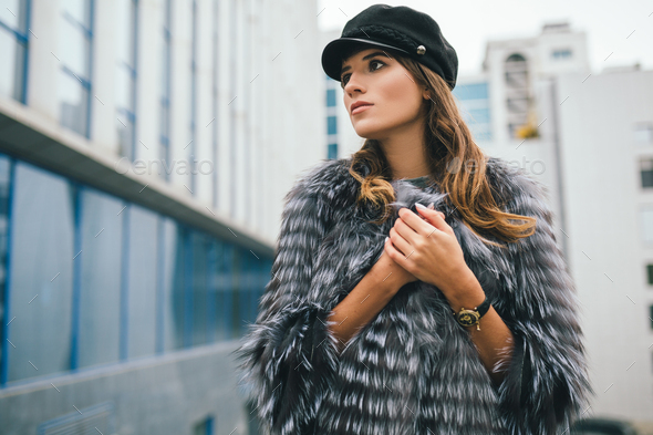 Stylish Woman In Winter Fur Coat, Stylish Fur Coat