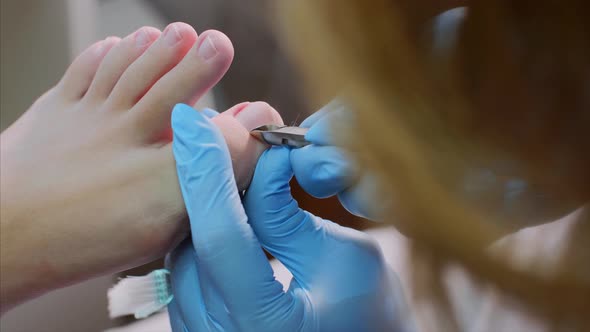 Pedicurist Cuts Cuticle on Toe with Nail Tongs Makes Pedicure in Beauty Salon