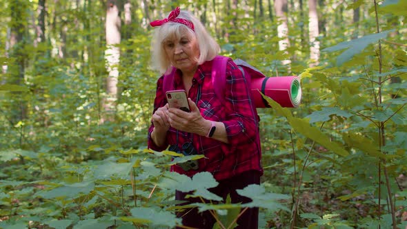 Retired Senior Elderly Grandmother Adventurer Exploring Forest Trees Plants with Mobile Cell Phone alt