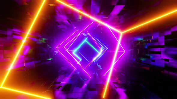 Flying in a tunnel with neon cubes