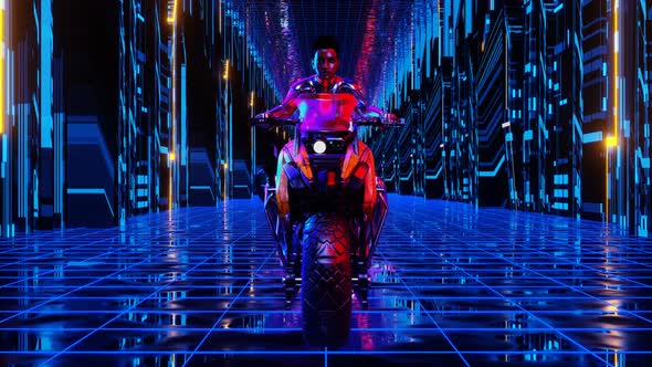 VJ Loop Animation of a Scifi Girl Riding a Motorcycle in a Cyber City alt