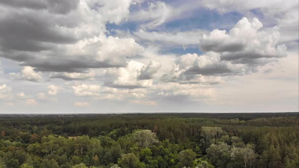 Hyperlapse Aerial Drone View Over Green Forest with Moving Clouds in Blue Sky alt