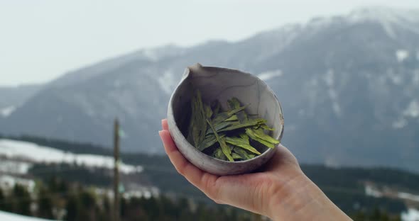 Close Up Video Shot of Hand with Bowl with Tea Leaves on Background of Mountains