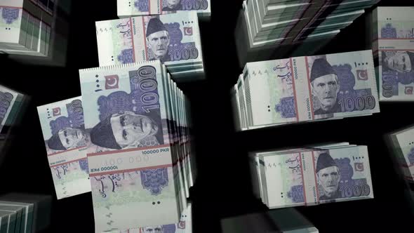 Flight over the Pakistani rupee money banknote packs loop alt