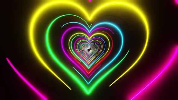 Flying through multicolored hearts painted with light. Infinitely looped animation. alt
