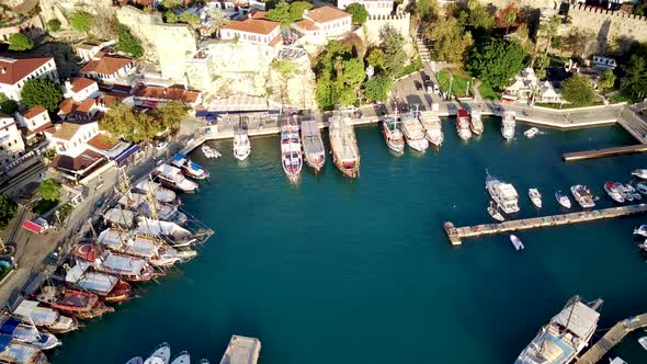 Aerial photograph of Antalya bay in Antalya city from high point of drone.