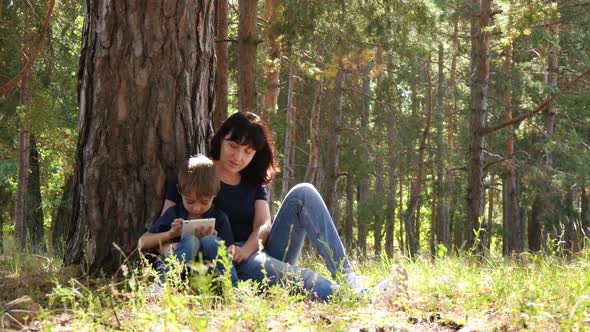 Mother and Son Spend Time Sitting By a Tree in the Forest. Woman and Child Playing in the Tablet alt