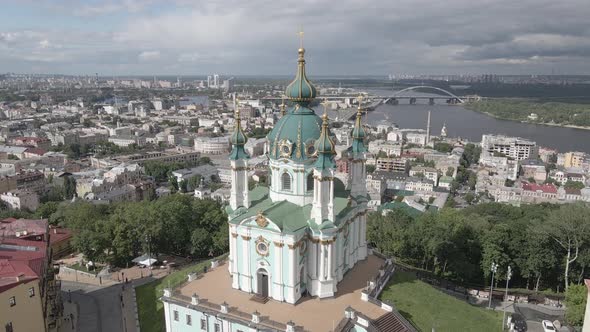 The Architecture of Kyiv. Ukraine. St. Andrew's Church. Aerial. Slow Motion, Gray, Flat alt