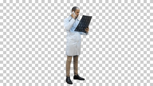 Doctor holding Xray results and talking on the phone, Alpha Channel