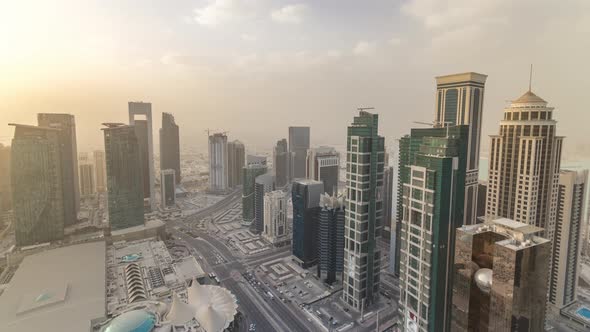 Skyscrapers Before Sunset Timelapse in the Skyline of Commercial Center of Doha alt